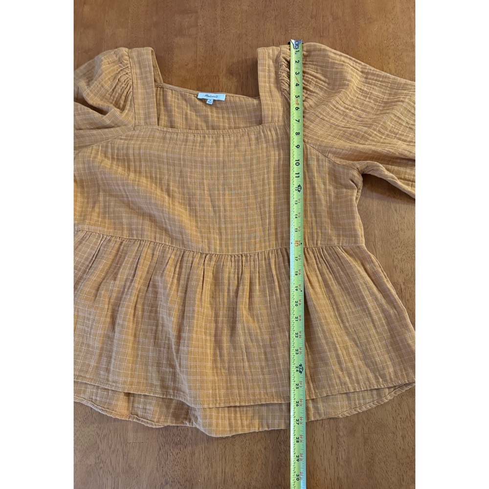 Madewell Mustard Yellow Windowpane Plaid Square Neck Peplum Gauze Top Size XL - Picture 7 of 8